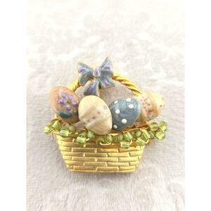 Easter Basket Brooch Pin Pastel Enamel Eggs Gold Tone Green Beads Holiday AS IS
